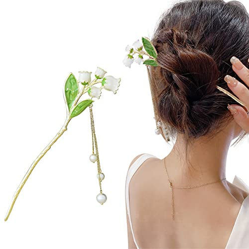 Chinese Pearl Flower Hair Stick Tassel Hairpin Vintage Lily Hair Chopstick