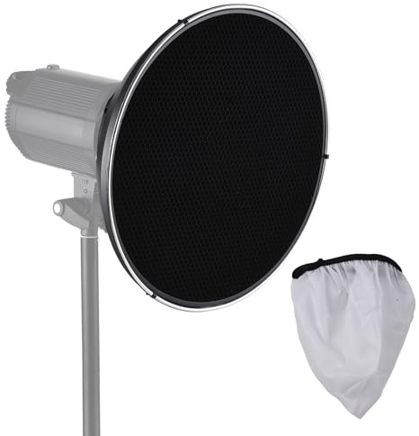 Andoer Reflectora estándar Bowens Mount Beauty Dish de 15,35 Pulgadas con Rejilla de Panal de 60° y Reflector Central para luz de Flash estroboscópica de Estudio Bowens Mount Speedlite