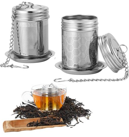 HAOYULUO 2 piezas Filtros de Té, colador de té de acero inoxidable, bola de té con cadena larga y bandeja de goteo redonda para teteras, tazas y botellas de té.