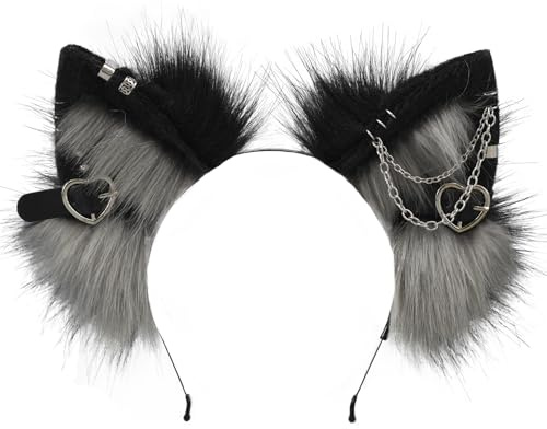 sazpajacos Metall Punk Stil Katze Ohren Kopfbedeckung Tier Ohren Kopfschmuck Anime Verkleidung Requisiten Halloween Karneval Cosplay Kostümzubehör für Erwachsene Frauen Männer, Schwarz Grau