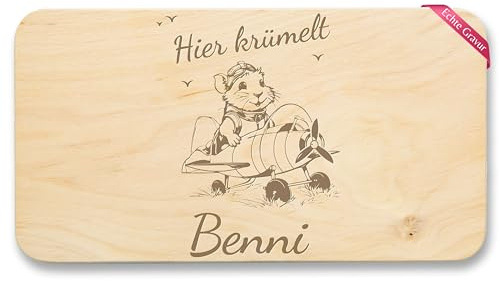 Frühstücksbrettchen Holz Natur - Hier krümelt Name Meerschweinchen Flugzeug I Guinea Pig I Meerschwein - 22x12 - Holz - frühstücksbrett personalisiertes brettchen holzbrett personalisierte
