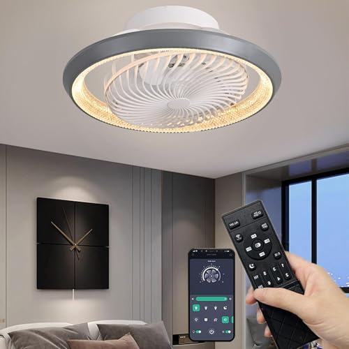 Qiaomao LED Deckenleuchte mit Ventilator, Moderne 360° Drehung Deckenventilatoren mit Beleuchtung, App Fernbedienung, 72W Dimmbar Timer Lampe mit Ventilator für Schlafzimmer Licht Ventilator Grau 49cm
