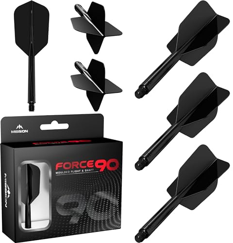 Mission Darts Force 90 | Integrated Precision Moulded Dart Flight & Shaft System, Pack of 3 Professional Highly Durable Dart Flights And Stems | Slim (Black, Medium)