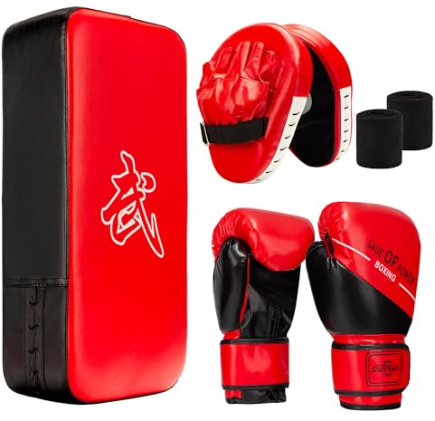 4-in-1 Kids Boxing Pads Gloves Kick Punching Mitts Set, Leather Hand Target Focus Pads, MMA Muay Thai Pads for Kicking Taekwondo Karate Kickboxing, Youth Boxing Training Sparring Gear Equipment
