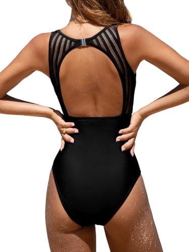 CUPSHE Women's Swimming Costume Tummy Control Swimwear High Neck Cutout Back Hook Mesh One Piece Swimsuit