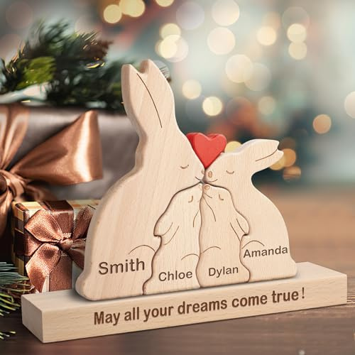 Personalisiertes Holzkunstpuzzle der Kaninchen Familie mit 1-8 Namen,Holz Tier Skulpturen Desktop Ornament Heim Büro Tischdekoration Ideen Geschenk für Weihnachts Jubiläum Muttervatertag Geburtstag