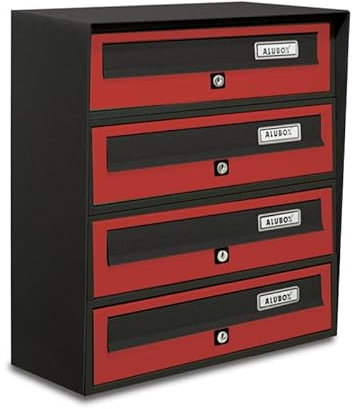 ALUBOX Slim Boîtes aux Lettres Collectives 4 Compartiments 50x39x30 cm en Tôle Galvanisée et Aluminium Boîte aux Lettres Extérieure avec Système Anti-Retrait (Anthracite ET Rouge)