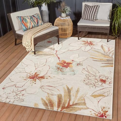 Taracarpet In & Outdoor Teppich Wetterfest Wohnzimmer Balkon Küchenteppich Terrassenteppich Flachgewebe mit Muster Lilien floral Creme grau 160x230 cm
