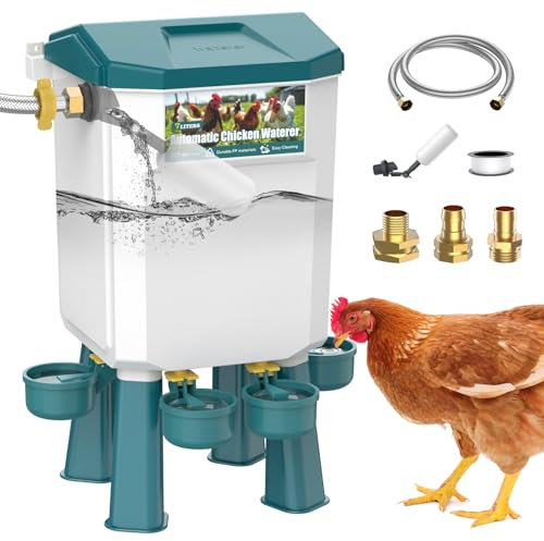 CHAMUTY Hühnertränke Tränke Hühner 7 Liter mit 4 Wassernäpfe, Automatische Geflügeltränke für Geflügel Mit 1,5m Wasserleitung, Schwimmerventil, Hühnerzubehör, Bruchfester langlebiger Kunststoff