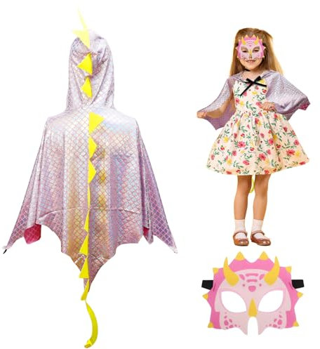 DKINY 80cm Cape Dinosaure Rose Argentée d'Enfant avec Masque Costume Ptérosaure Déguisement Carnaval pour Garçon Fille Cosplay Fête Halloween Épiphanie Anniversaire Soirée