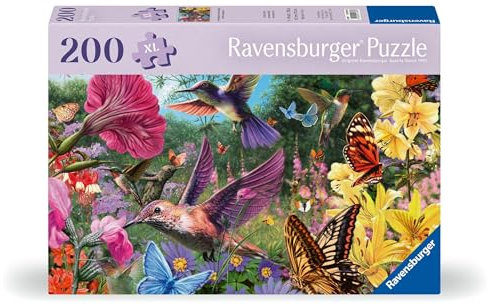 Ravensburger Puzzle 12001369 - Kolibris und Schmetterlinge - 200 Teile Puzzle für ältere Menschen und Senioren, mit größeren, griffigen Puzzleteilen, großer Bildvorlage und mit Unterlage zum Puzzeln