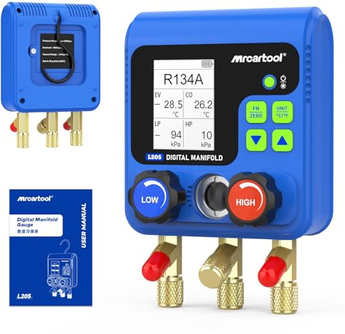 MRCARTOOL Kältemittel Monteurhilfe L205 Distributore digitale per climatizzatori con dati di 92 refrigeranti, display refrigerante HVAC, misuratore refrigeranti R134A, R32, R410A, R11, R12, R422, R600