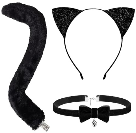 DIELOVEHUA 3 st Cosplay katt set, kattöron, svans, halsband med klockor och rosett, svart kattdräkt kvinnor och flickor för halloween cosplay karneval fest