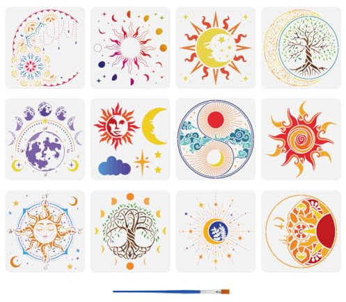 FINGERINSPIRE 12 Stück Mandala Malvorlage Mit Sonne Und Pinsel 30x30cm Große Malvorlage Mit Mond Und Sternen Malschablone Mit Lebensbaum DIY Kunsthandwerksschablone Für Holzböden Und Wände