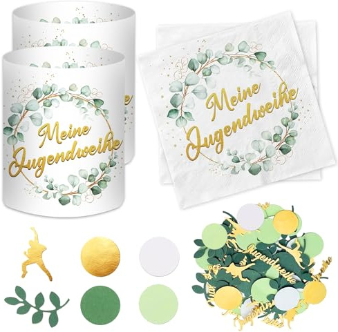 Luckeey 20 Stück Servietten + 12 Stück Windlichter + 100 Konfetti - Jugendweihe Deko Mädchen & Junge 2025 - Eukalyptus Grün & Gold - Party Deko & Geschenke