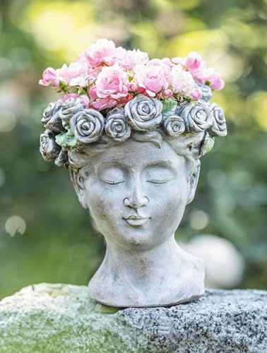 Dekoleidenschaft ausgefallener Pflanztopf Rosenkrone Büste in antiker Steinoptik aus Polyresin, Blumentopf, Garten-Deko für Draußen, Pflanzgefäß, Pflanzschale