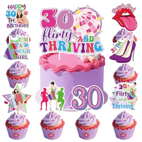 Aposwow Thirty Flirty and Thriving Decorations - 25PCS 30 Flirty and Thriving Cake Toppers Birthday Decoration Talk 30 to Me Bday Cupcake Picks Decor Supplies for 30th Women