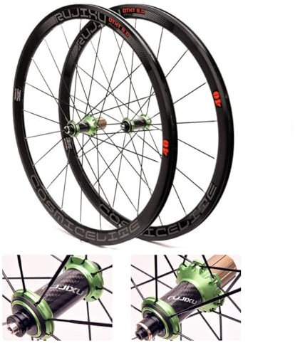 LSRRYD 700c Rennrad Laufrad Set Hinterrad Vorderrad 40mm Doppelwandige Felgen 8-11 Geschwindigkeit Kassette Kohlefaser-Nabe C/V-Brakes 100/130mm QR 1900g(Green Hub,Front+Rear Wheel)
