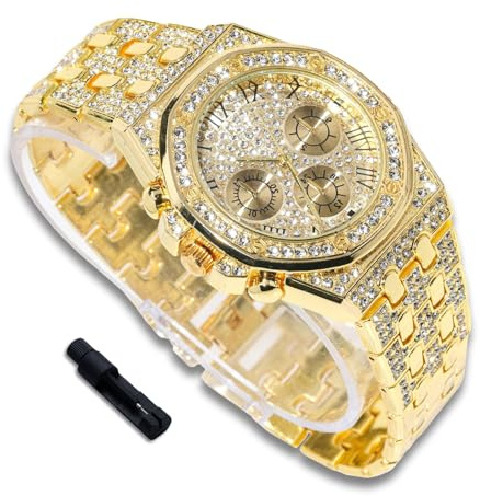 richhut Lyxklocka med diamanter för barn – Iced Out Bling 18K guldpläterad/platina – åttakantig urtavla 38 mm armband 19,5 cm – justeringsverktyg – valfritt med kubansk kedja, 18k guldklocka