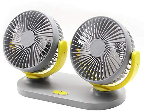 AdoDecor Ventilateur de voiture double tête, USB universel 12 V/24 V, rotatif à 360 degrés, 3 vitesses, pour véhicules(Jaune grisâtre)