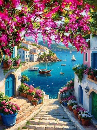 Mrnsiet Scenery Paint by Numbers Kit for Adults,Unframed Landscape Painting by Number Kits on Canvas,Flowers and Sea Acrylic Painting Art Kits Crafts for Home Wall Decor 12X16 Inch.