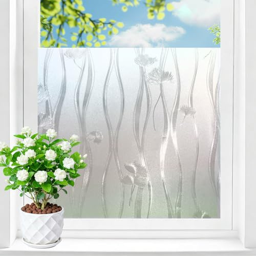 Shackcom Fensterfolie Sichtschutz Selbsthaftend 90x400cm Blickdicht Sichtschutzfolie Milchglasfolie Statisch Haftend Anti-UV Dekorfolie mit Pusteblumenmuster für Badezimmer Wohnzimmer-J088