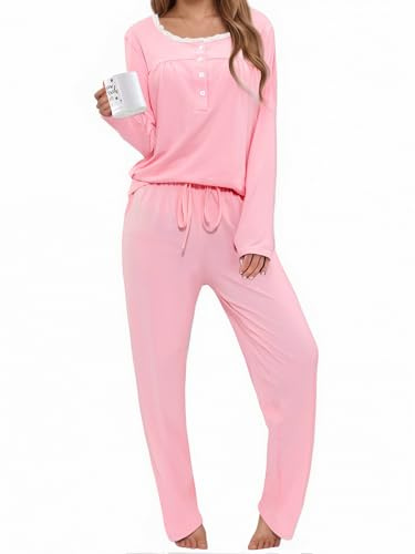 Aseniza pyjamas dam lång bomull pyjamas-set vinter långärmad pyjamas för dam hemmadräkt tvådelat nattklädesset med spets vardagskläder S–XXL