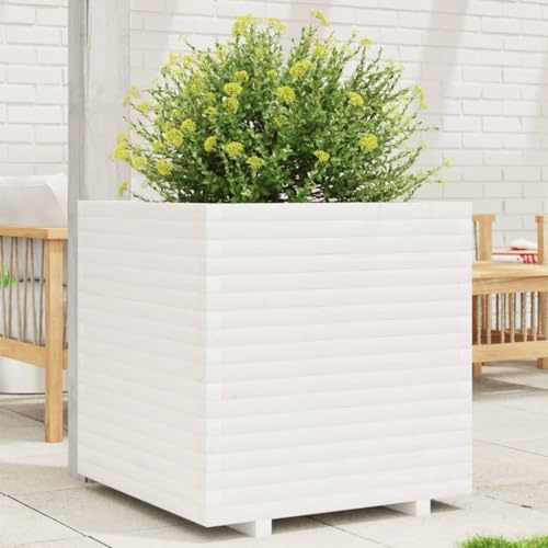 HaoChrymec Pot de Fleurs with Pin Massif, Design Rustique, Jardinières Extérieur, Bac à Fleurs Extérieur, Jardinière Balcon, Balconnière Extérieure, Blanc, 70 x 70 x 72 cm