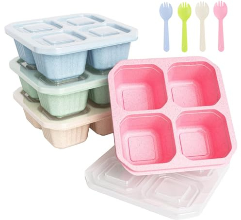 Woobroo Snack Box,4 Pack Reusable Snack Pots Meal Prep Lunch Containers Bento Lunch Boxes 4 Compartment Divided Snack Boxes with Lids and forks for Kids & Adults, School,Work and Travel