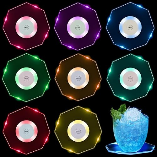 Begonia 8 Stück LED Untersetzer, 3 Lichtmodi Bunt LED Untersetzer, 7 Farbe Wasserdichte Leuchtende Untersetzers Stimmungslichter,10CM Leuchtend-Untersetzer Lichter für Party Bar Hochzeiten Weihnachten