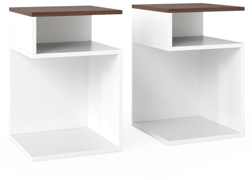 COSTWAY Table d’Appoint, Bout de Canapé de Salon en Forme ‘S’ avec 2 Casiers Ouverts, 3 Étagères Design Géométrique Compacte, Blanc, pour Salon, Chambre (2,Blanc Noyer)