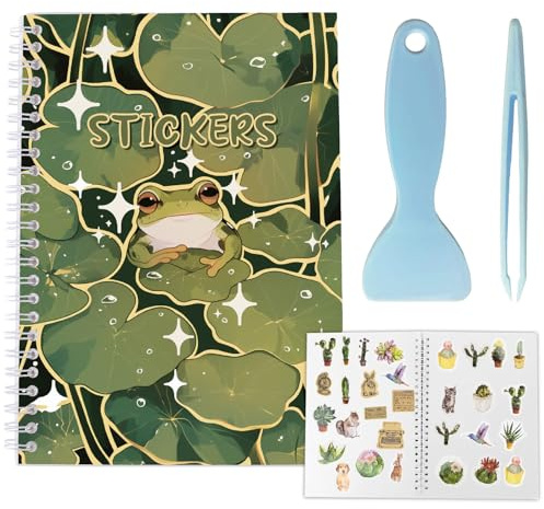 CRASPIRE Reusable Sticker Book Collecting Album for A5 Size 40 Sheets Release Paper Waterproof Blank Sticker Storage Holder Organizer Lotus Leaf Frog Cover with Tweezers and Scraper Labels