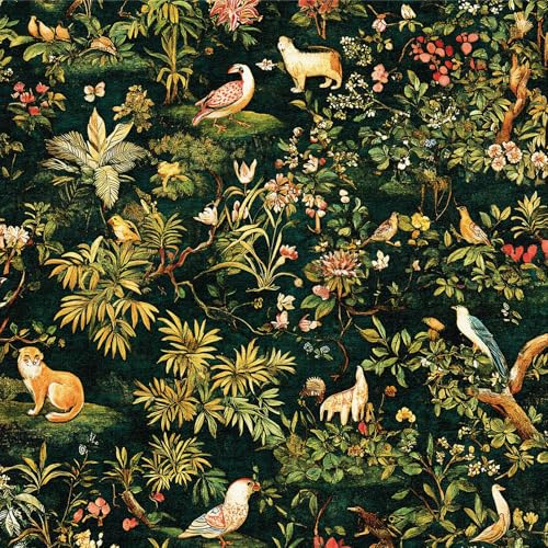 LZH-LP Selbstklebende Tapete, Vintage Grün Wald Tier Pflanze Blume Abziehen und Aufkleben Kontaktpapier, 44x300CM Vogel Nahtlose Patchwork Abziehbare Tapete Dekofolie für Wandtattoo