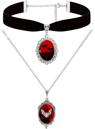 TIMJJG 2 Gothic Broschenhalsketten, Rote Edelsteinanhänger, Vampir-Accessoires, Halloween-Dekorationen, Karnevalsthema-Accessoires.