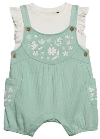 MINI CUDDLES Baby Girls Floral Embroidered Dungaree Set, Mint Green (0-3M)
