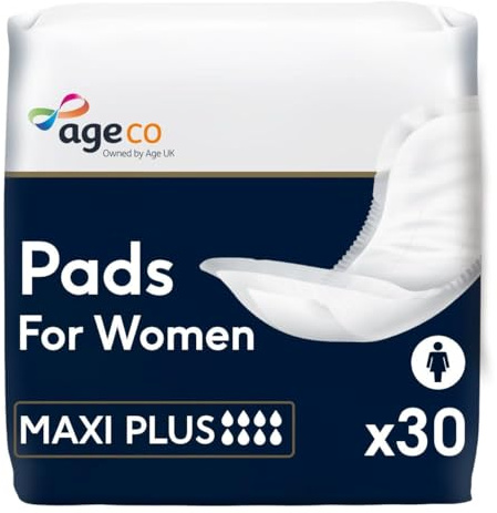 Age UK Total Care Women’s Incontinence Pads Maxi Plus | 1000ml Absorbency, Bladder Leak Protection, Discreet Fit & Odour Control, Breathable Comfort, Adhesive Strip, 30 Pack