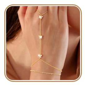 DOA 18k Gold Hand Chain Bracelets for Women, Hypoallergenic Dainty Hand Chain Ring Bracelet with Cubic Zirconia, Clover Butterfly Cross Finger Bracelets Jewelry Gifts for Women