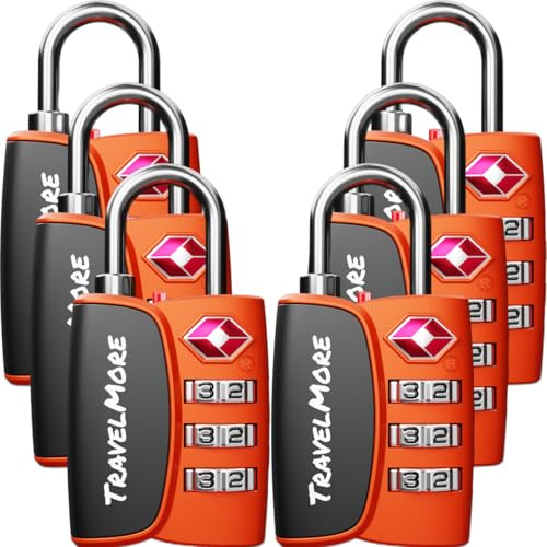 TSA-Schlösser mit Öffnungs-Alarmanzeige | TSA-Kofferschloss für Flugreisen | Zahlenschlösser mit Open-Alert-Anzeige | Gepäckschlösser für Koffer, Rucksack, Gepäck | 6 Stück, Orange