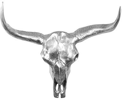 MichaelNoll Stierkopf Bulle Schädel Stier Bullenschädel Geweih Hörner Deko Dekoration - Wanddekoration Silber Aluminium Metall - Wanddeko Modern für Wohnzimmer und Schlafzimmer - XXL