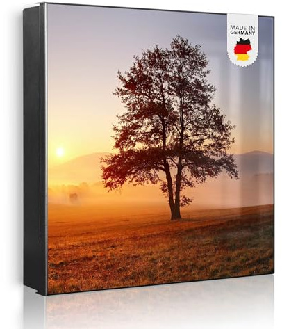 banjado Großer Schlüsselkasten Metall - Schlüsselbox 30x30cm beschreibbarer mit 32 Haken - Schlüsselkasten modern für Schlüsselaufbewahrung - Korpus Schwarz Scharnier Links - Motiv Sonnenaufgang