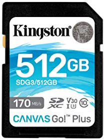 Kingston - Scheda di memoria SDXC Canvas Go Plus da 512 GB, 170 MB/s in lettura UHS-I, C10, U3, V30 (SDG3/512 GBET)