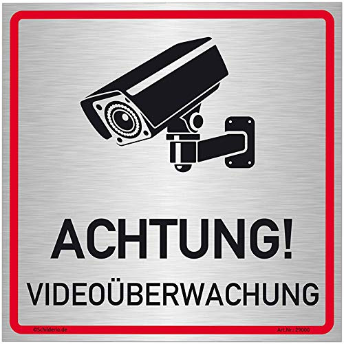 Schilderio Achtung Videoüberwachung Schild (20x20 cm Alu Verbund) videoüberwacht Warnschild Hinweisschild zur Kennzeichnung einer Kamera Überwachung nach BDSG/DSGVO, 3mm Aluminiumverbund gebürstet