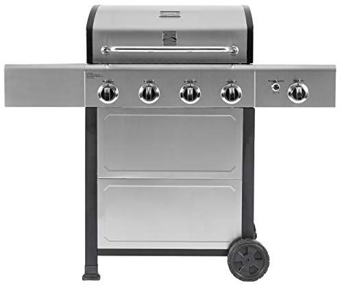 Kenmore 4-Burner Gas Grill with Side Burner, Outdoor BBQ Grill, Propane Gas Grill, Cast Iron Cooking Grates, Electronic Ignition, Warming Rack, Open Cart Design, 53000 BTUs, Stainless Steel