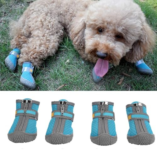 Hundeschuhe Stiefel, Hund Hund Sommerschuhe Stiefel Stiefeletten mit atmungsaktiven Outdoor-Mesh rutschfeste Gummisohlen verhindern Kratzer lecken(#5-Blauer See)