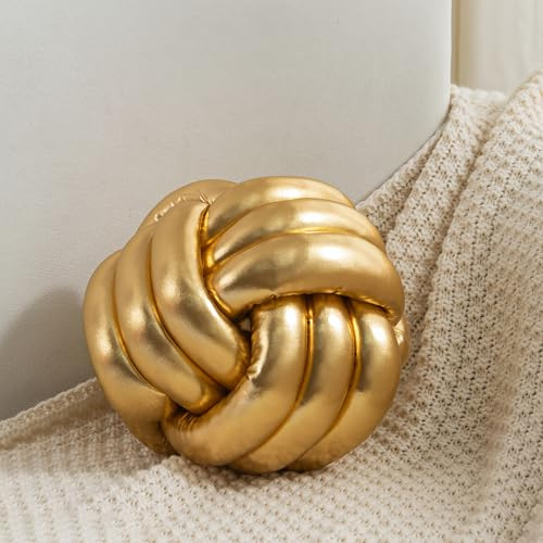TESICA Soft Knot Ball Pillow Plush Cushon Knotted Pillow Handmade Round Cushon Knotted Home Decor Bedroom Decor Gold 8x8 inches