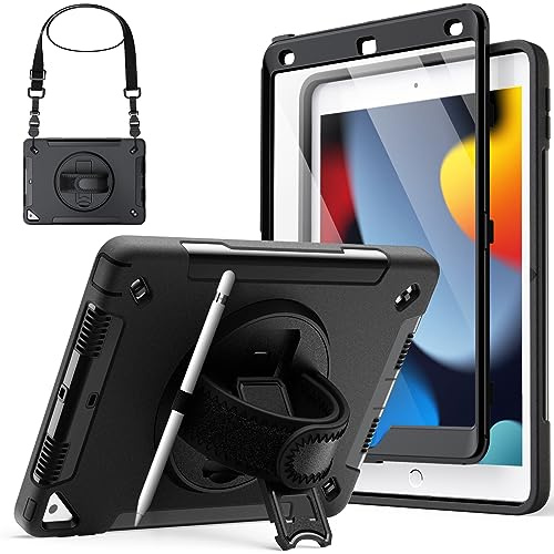 JETech Fodral för iPad 10,2 Tum (9:e/8:e/7:e Generationen, 2021/2020/2019 Modell) med Inbyggt Skärmskydd, Stötsäkert Robust Skal Case, 360° Roterande Stativ med Handrem (Svart)