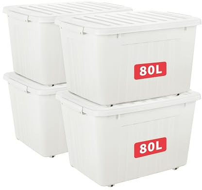 Cetomo 80L*4 Boîtes de Rangement avec Couvercles, Boîte de Rangement en Plastique avec Clips et Roulettes, Empilables, Encastrables, pour Placard de Bureau à Domicile, Blanc, 80L, Lot de 4