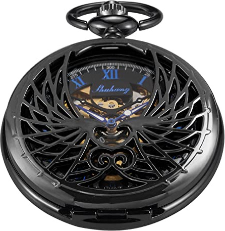 Whodoit Mechanische Taschenuhr mit römischen Ziffern, Schwarz und Silber, mit Kette und Schachtel