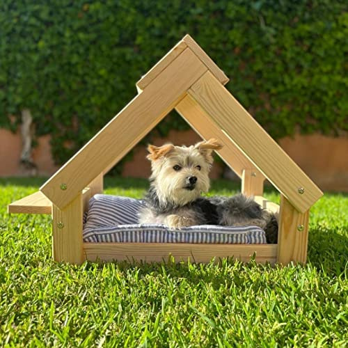 Skraut Home - Caseta de Interior para Mascotas | Casa para Perros, Gatos o Conejos | Madera de Pino Natural FSC | Soporte para 2 Cuencos | 76 x 44 x 55 cm | Sin Cama | Perritos Pequeños o Medianos
