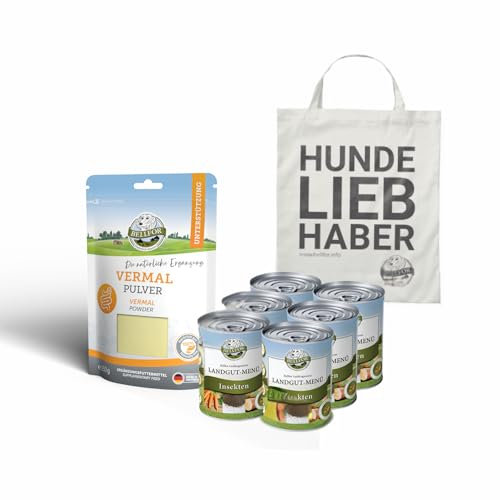 Bellfor Set di Risparmio per Cani Grandi con infezione da Giardia Cibo Umido Senza Cereali con Insetti 6 x 800 g Integratore Alimentare Vermal 80 g e Snack salutare per Cani 100 g
